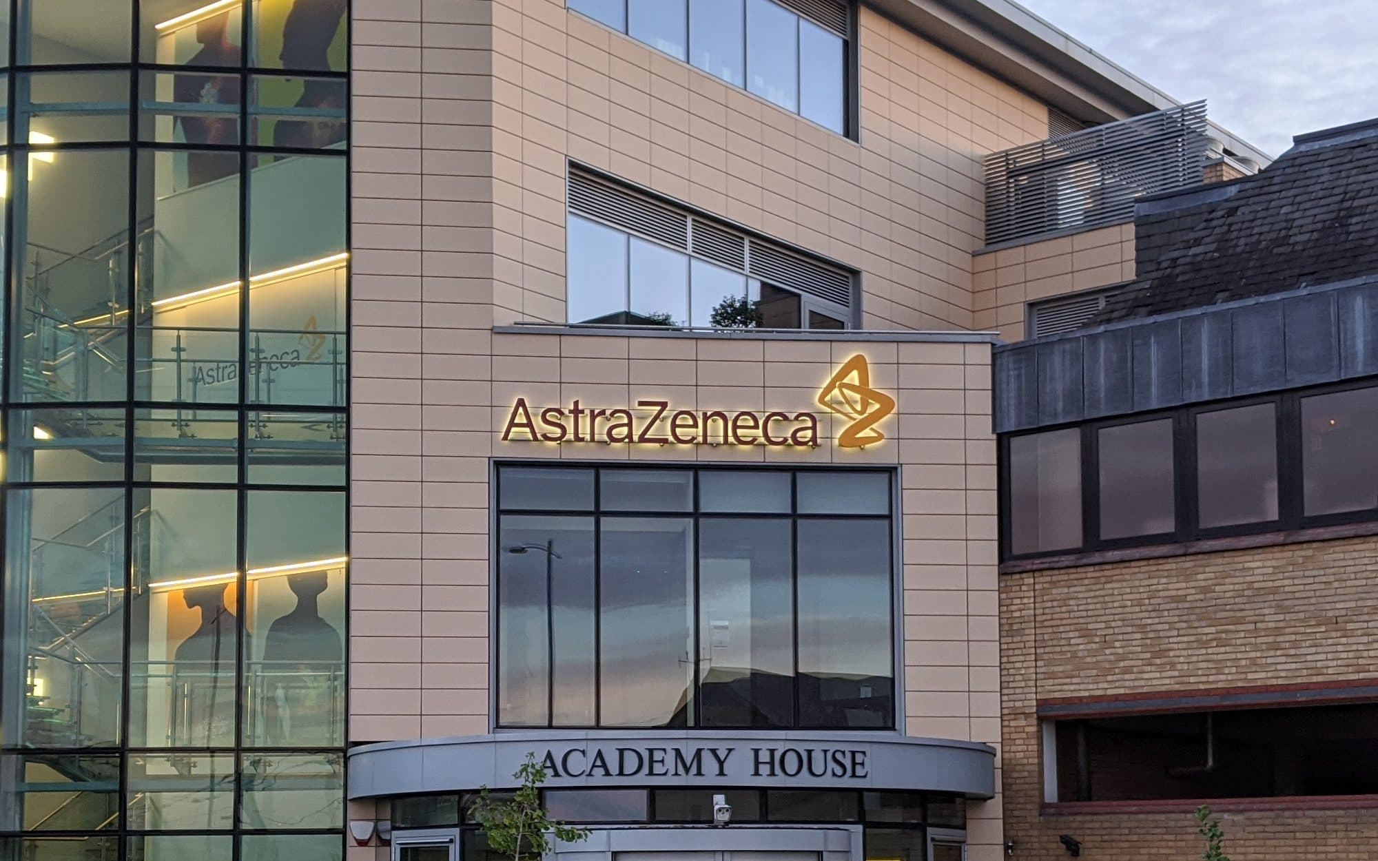 The AstraZeneca sign on Academy House at the company's Cambridge headquarters