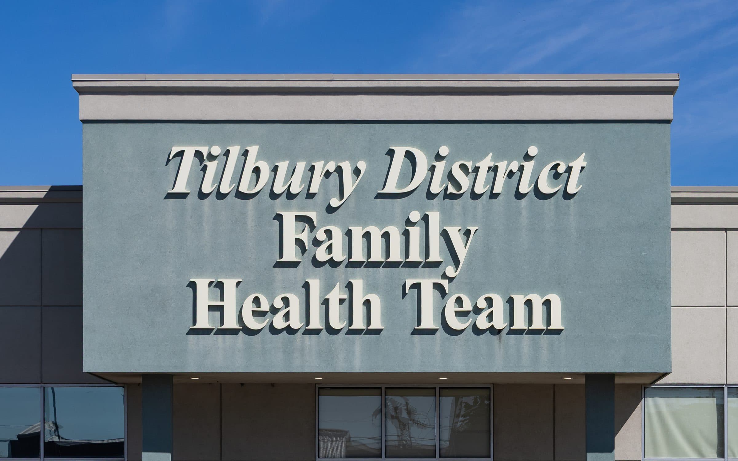 The sign of the Tilbury District Family Health Team in Tilbury, Ontario