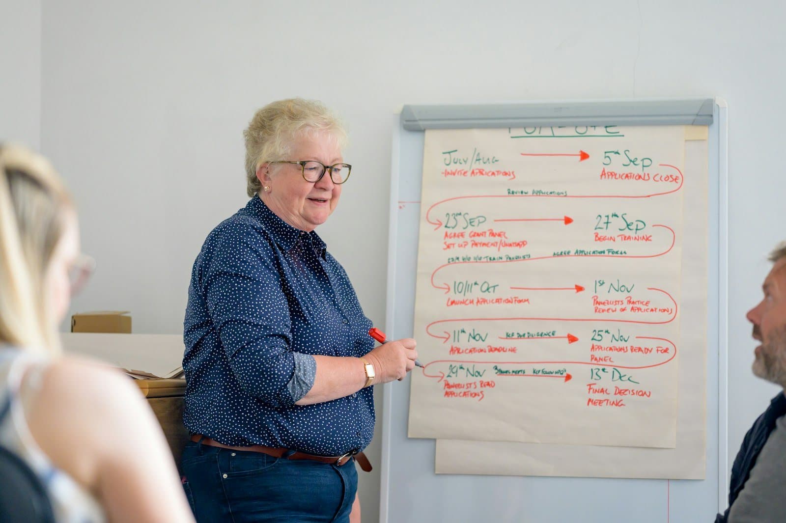 A facilitator mapping a program timeline on a flip chart