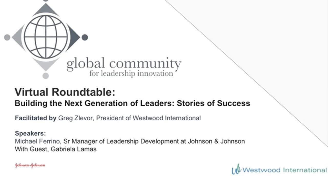 The roundtable's title slide, naming Greg Zlevor as facilitator and Michael Ferrino of Johnson & Johnson as speaker