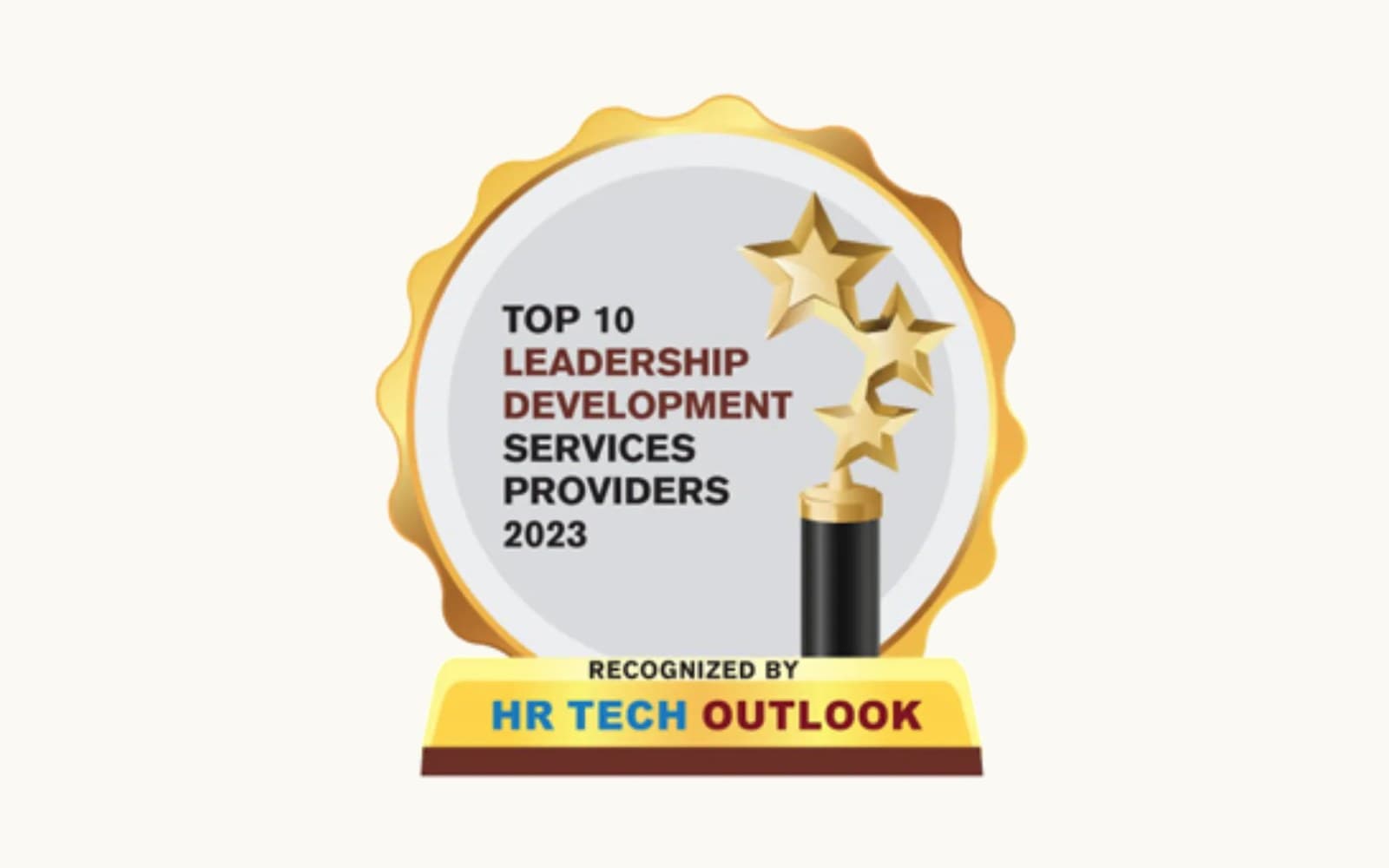 The award seal: Top 10 Leadership Development Services Providers 2023, recognized by HR Tech Outlook