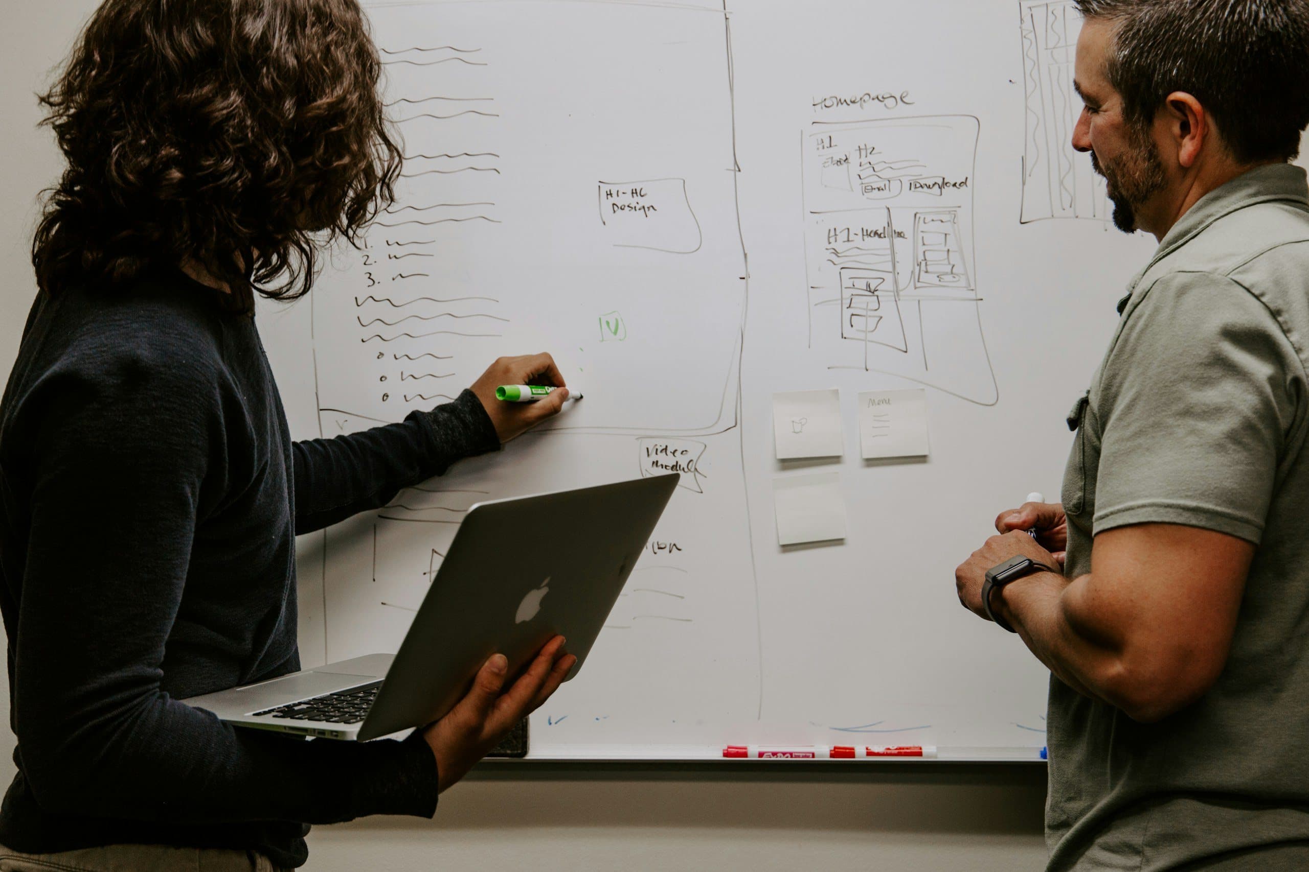 Two colleagues mapping a plan on a whiteboard, one holding a laptop