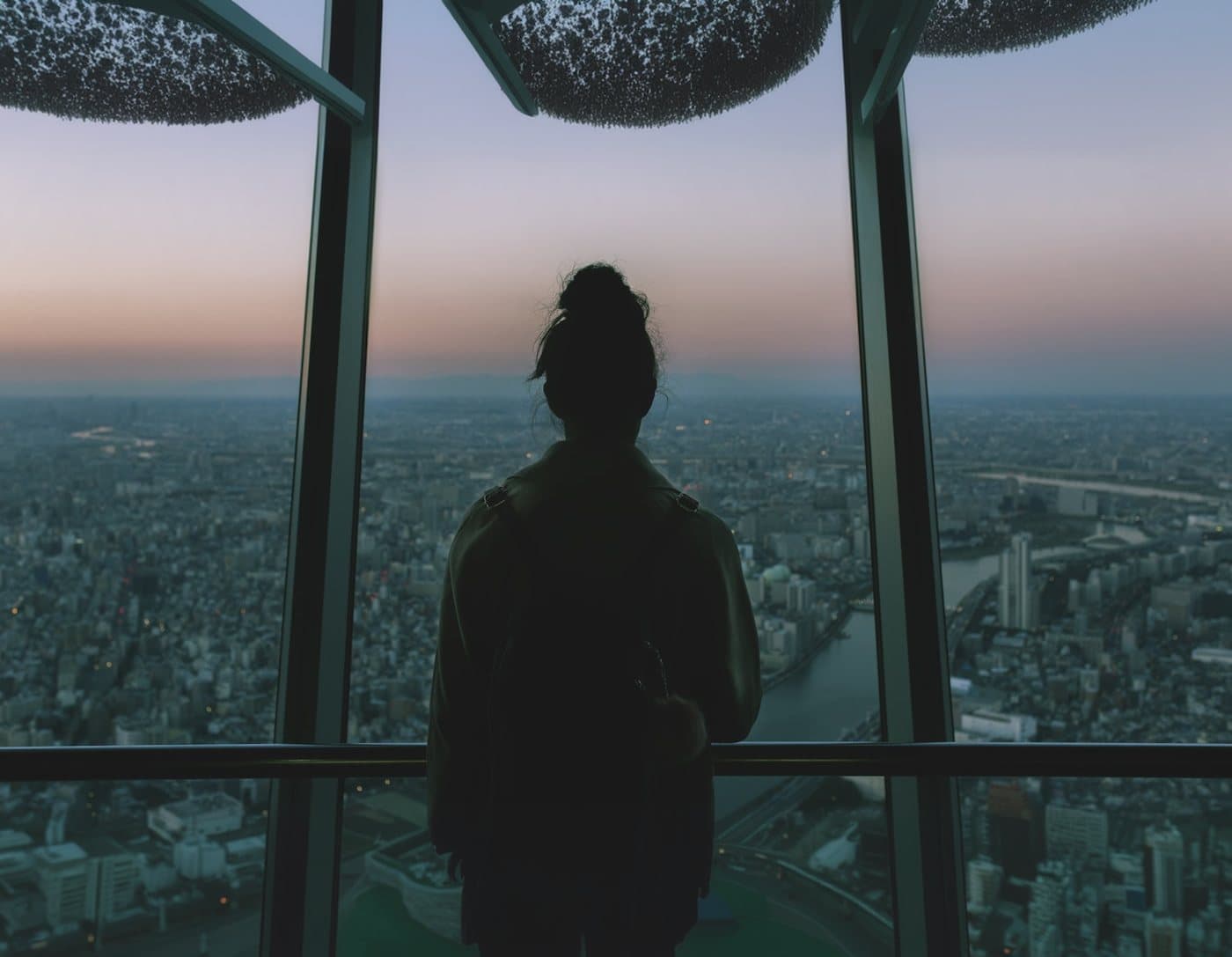 A leader looking out over a city at dusk